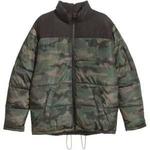 EUC Mens h&M Divided Olive Green/Black Camouflage Hoodless Puffer Coat, XL